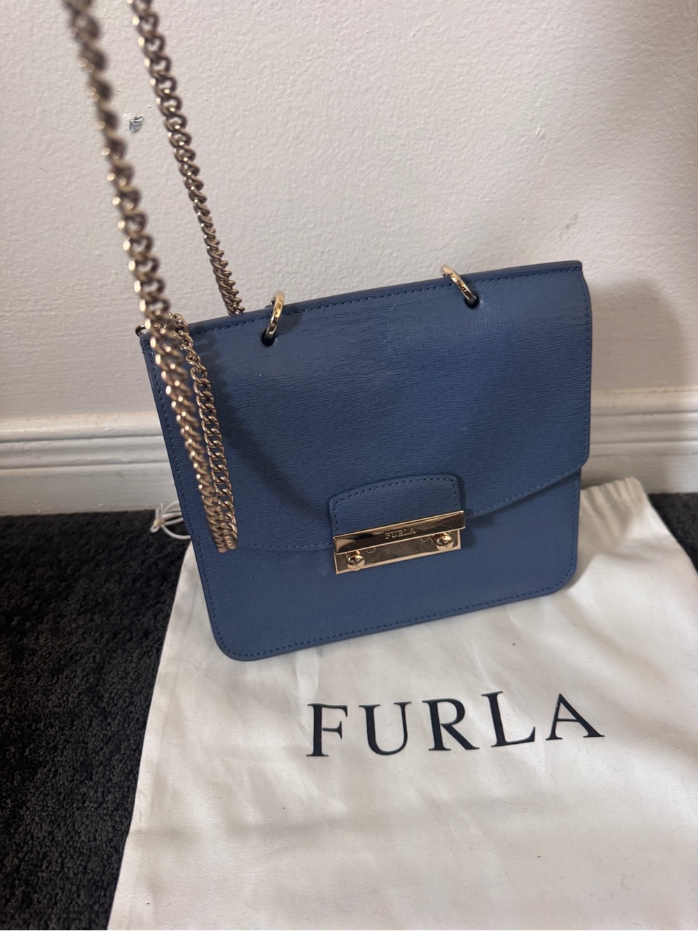 Furla Navy Blue Leather Crossbody with Gold Chain